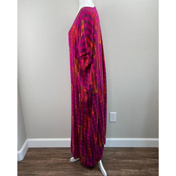 Pink Black Checkered Gold Leaf Semi-Sheer Summer Cover Up Kaftan Maxi Dress XS - Picture 7 of 14
